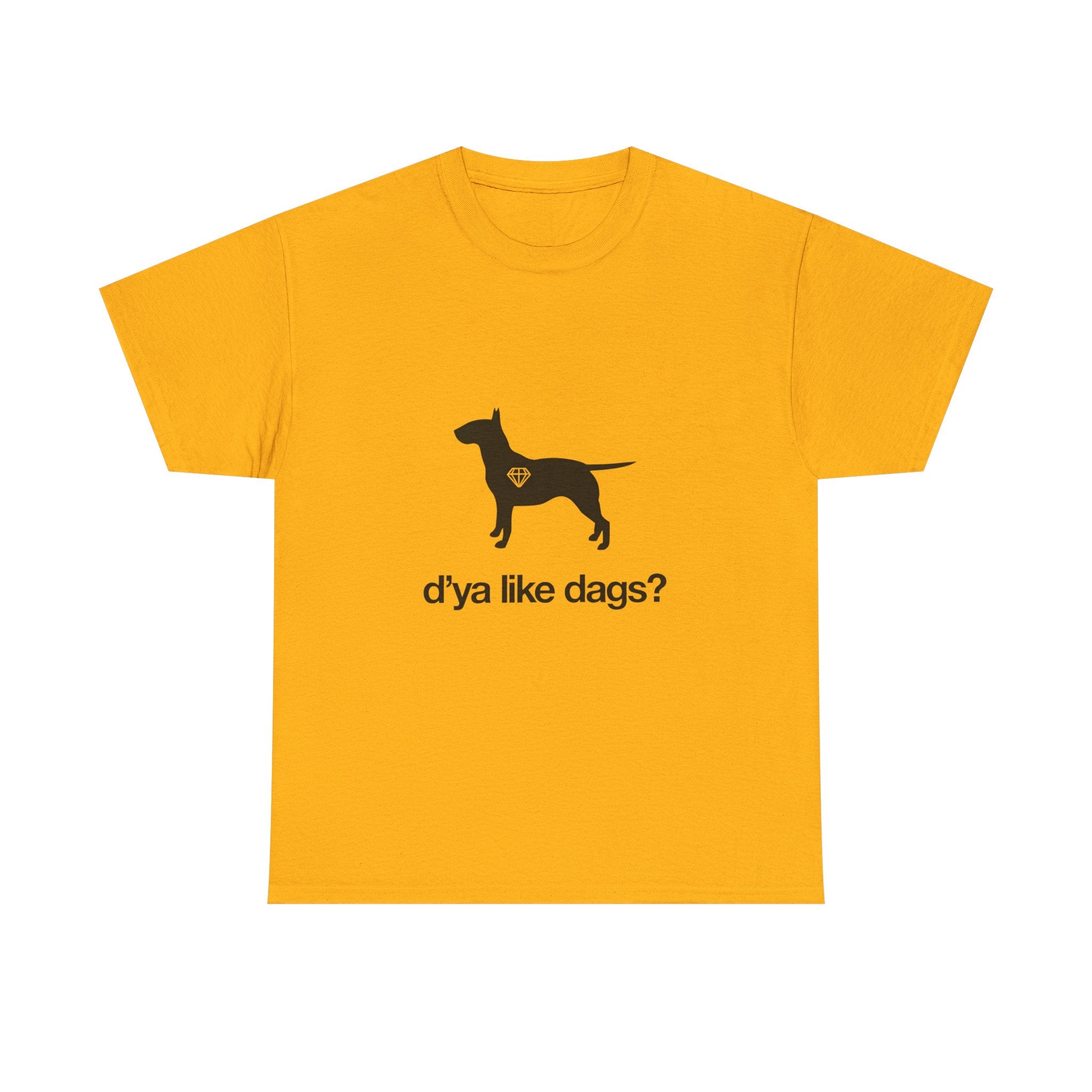 Dog Lover T‑Shirt – Silhouette with "d'ya like dags?" Funny British Phrase Tee