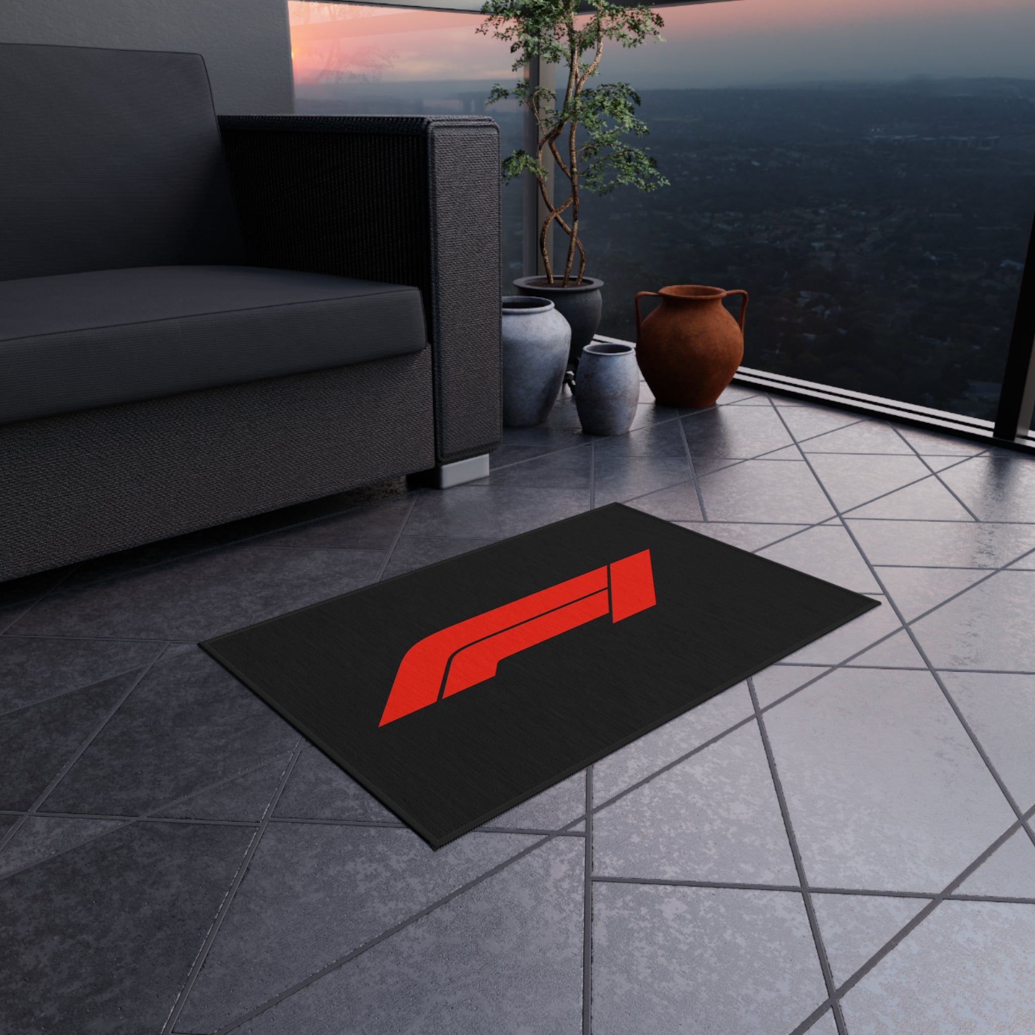 F1 Racing Logo Outdoor Rug — Red Track Emblem Patio Mat