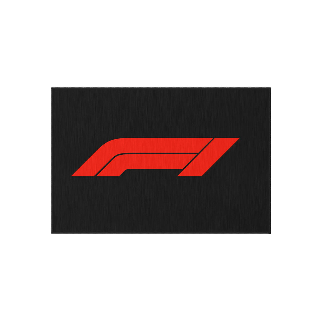 F1 Racing Logo Outdoor Rug — Red Track Emblem Patio Mat