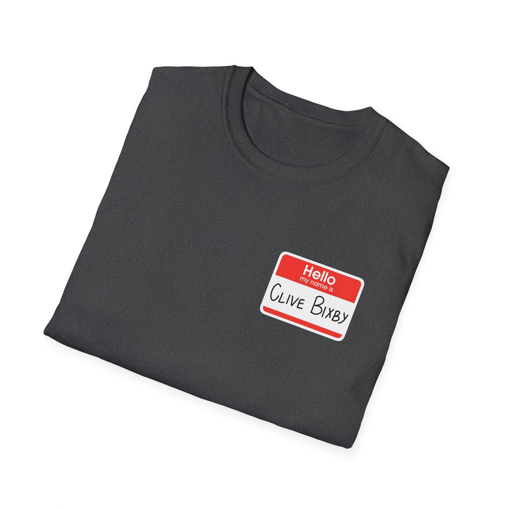 T-Shirt — "Hello, Clive bixby" Name Tag Graphic Tee