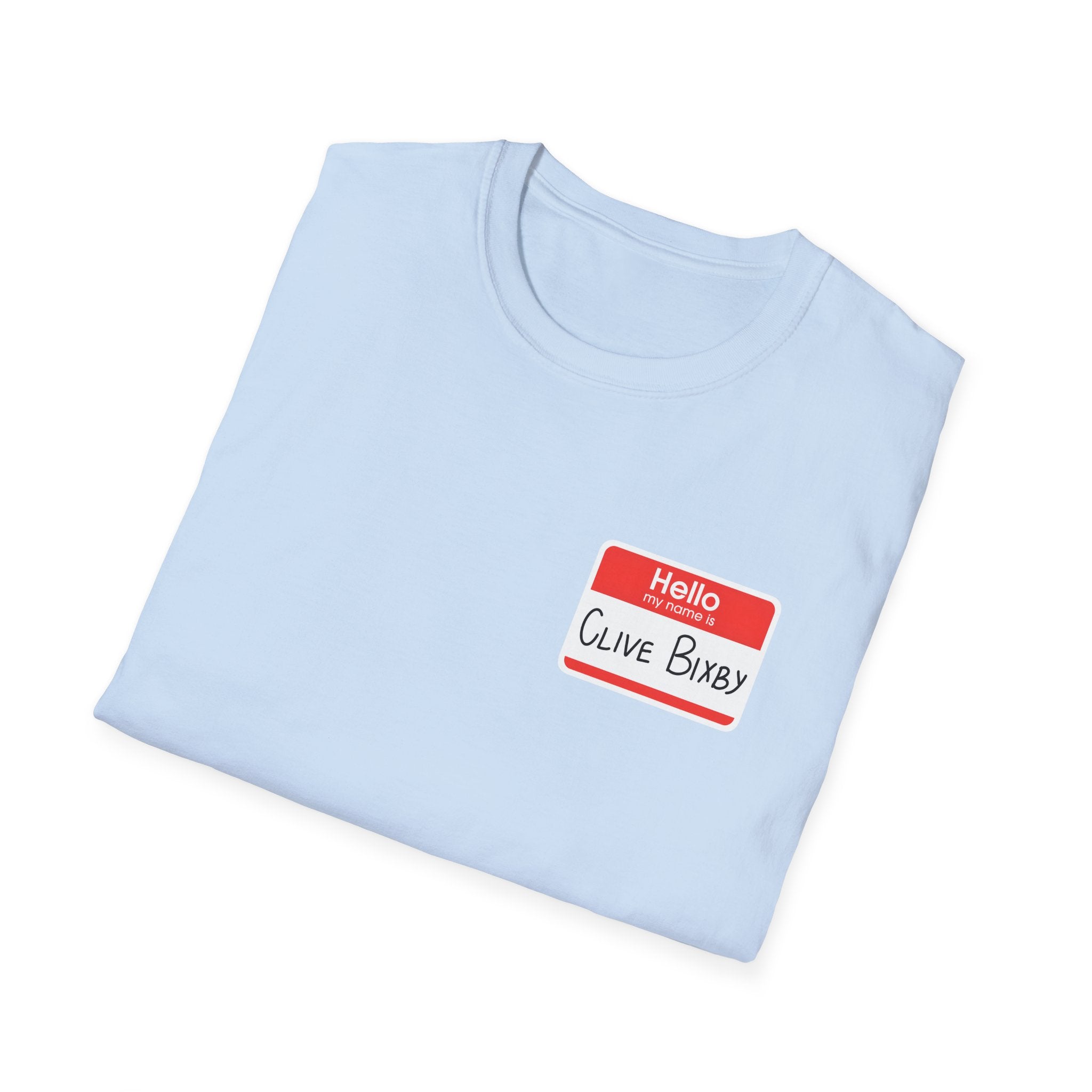 T-Shirt — "Hello, Clive bixby" Name Tag Graphic Tee