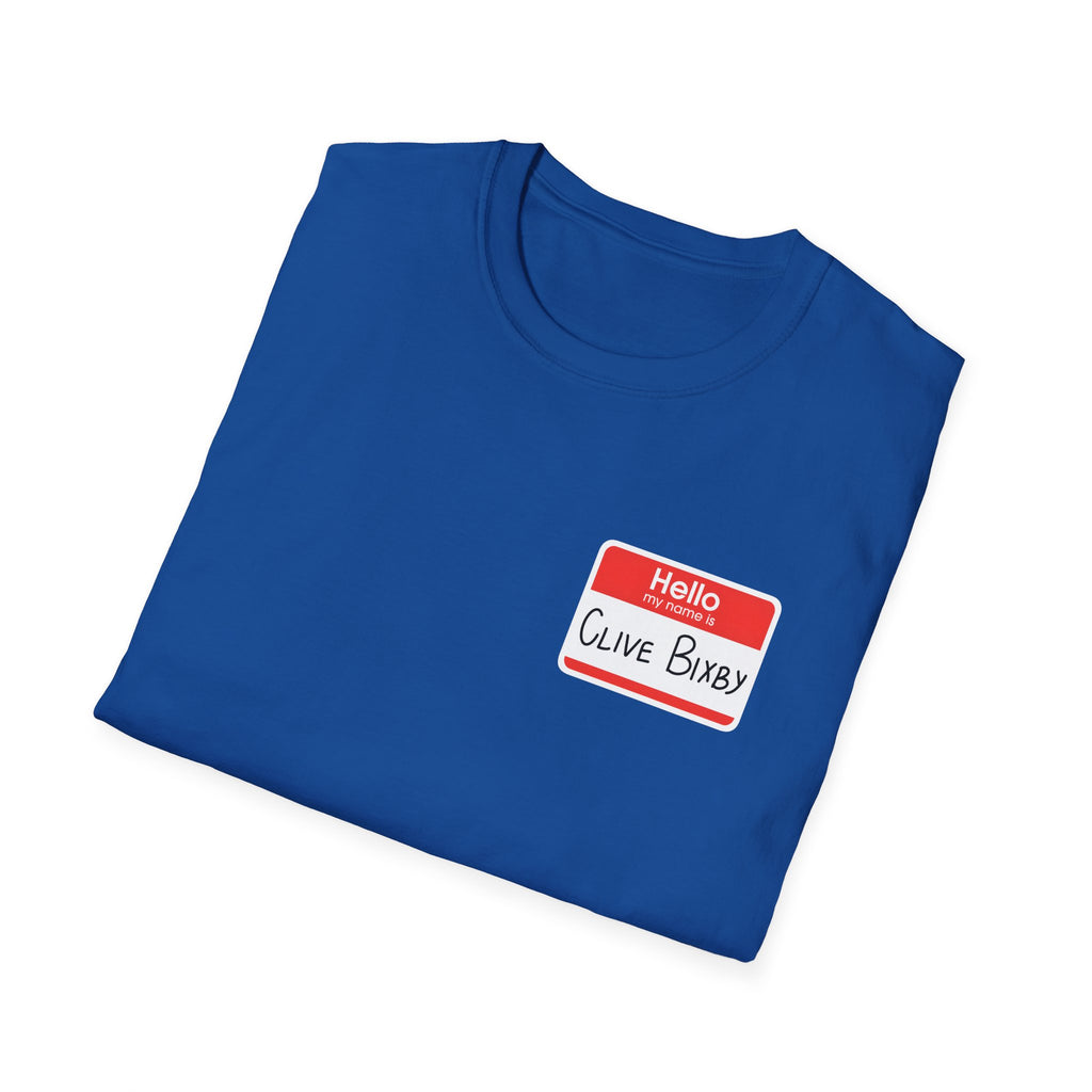 T-Shirt — "Hello, Clive bixby" Name Tag Graphic Tee