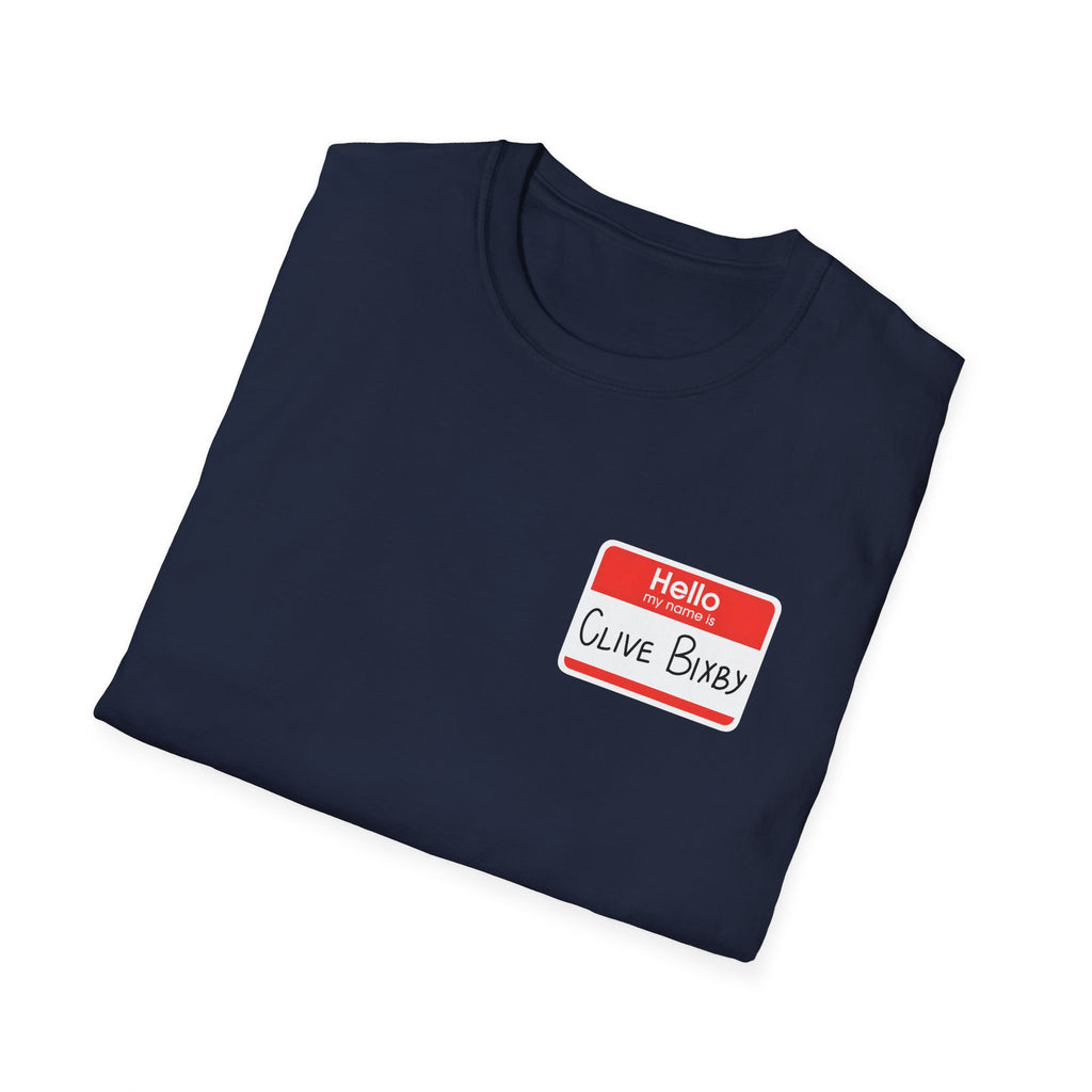 T-Shirt — "Hello, Clive bixby" Name Tag Graphic Tee