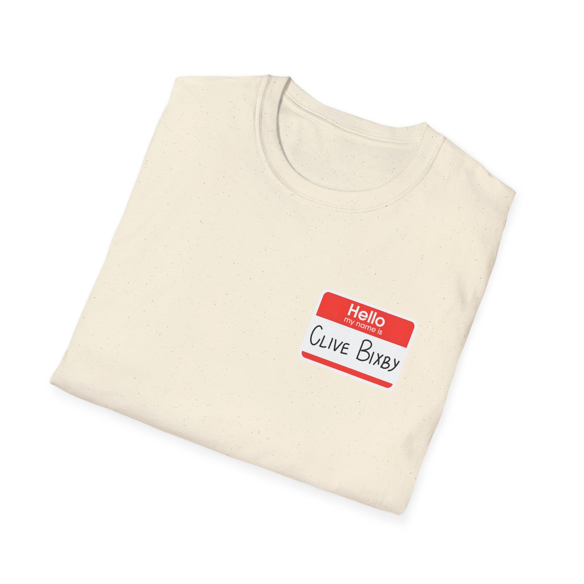 T-Shirt — "Hello, Clive bixby" Name Tag Graphic Tee