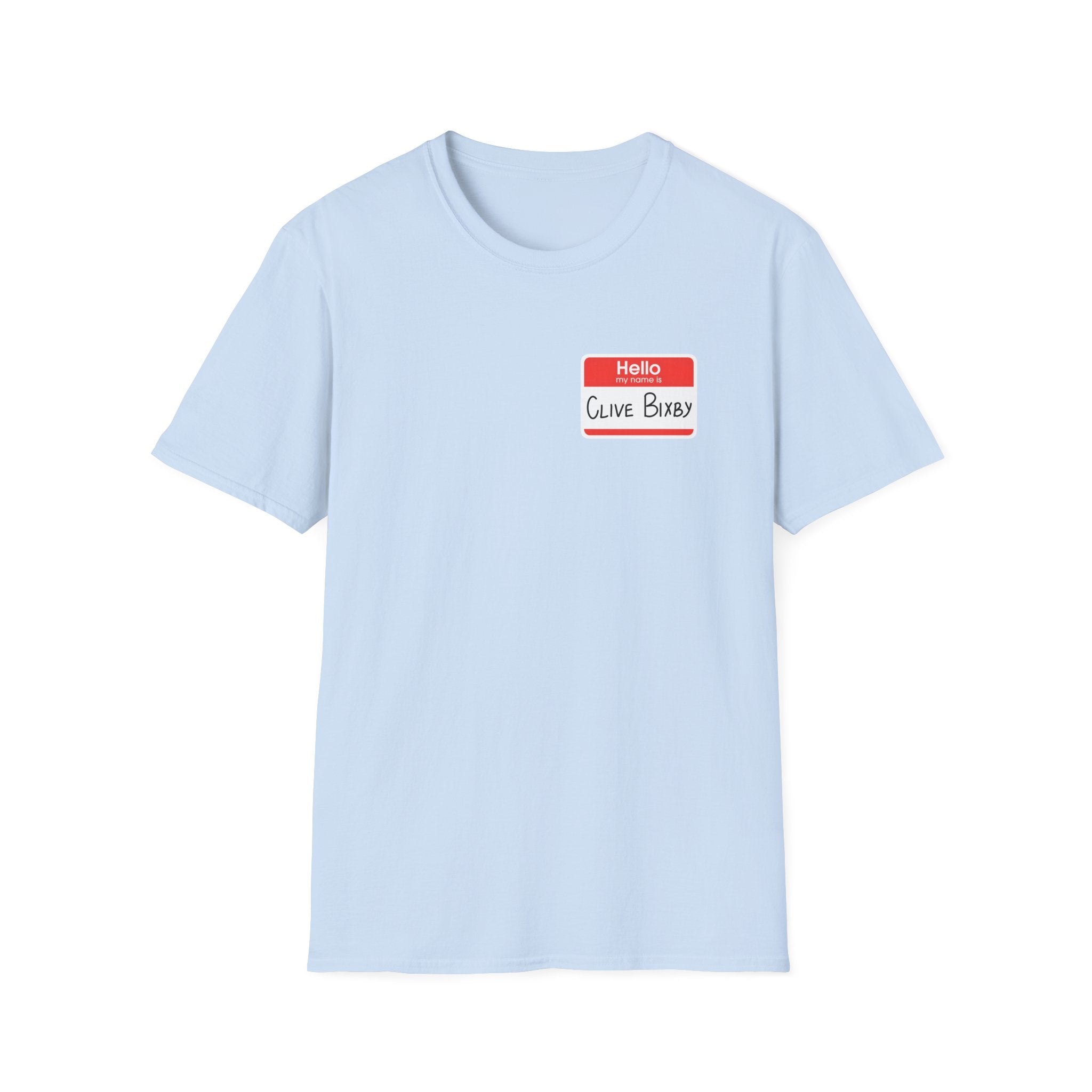 T-Shirt — "Hello, Clive bixby" Name Tag Graphic Tee